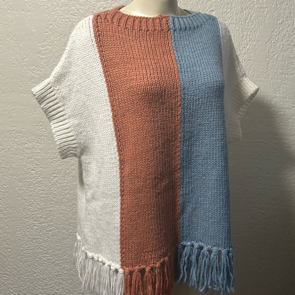 M. I. H Colorblock Knit w/fringe Sweater - White/Orange /Blue alpaca /wool blend